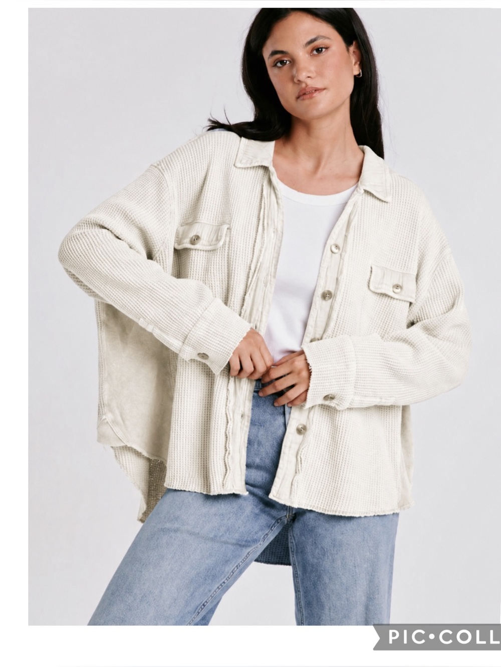 Dear John Thermal Knit Shacket Ivory Oversized Button Down Shirt Raw Edge Detail